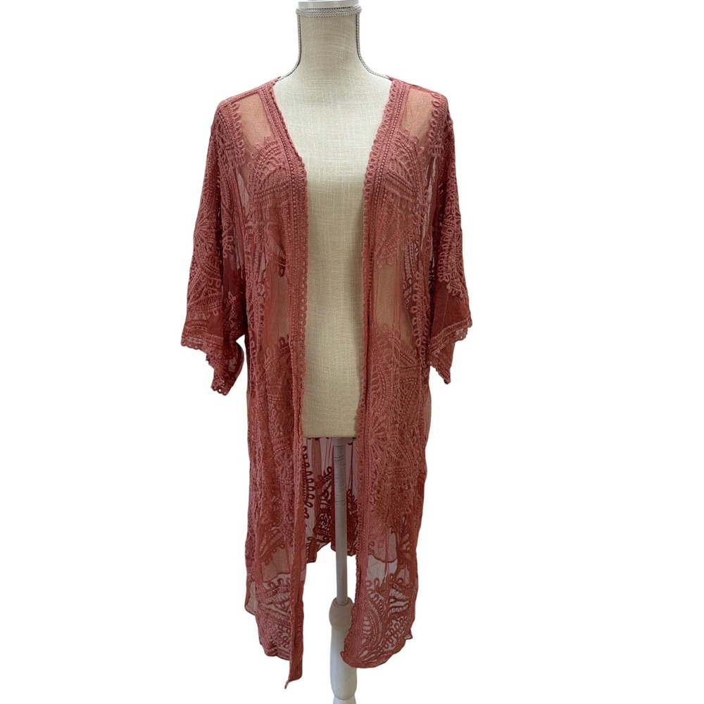 Time and Tru Pink Lace Mesh Embroidered Kimono 2X-3X Feminine‎ Soft